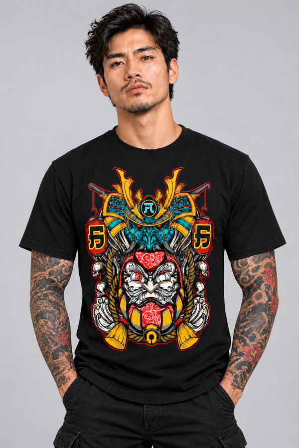 model wearing a back BROKEN N BUILT t-shirt with a colorful Japanese samurai mask in teal, orange red and white