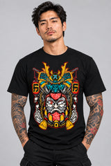 model wearing a back BROKEN N BUILT t-shirt with a colorful Japanese samurai mask in teal, orange red and white 