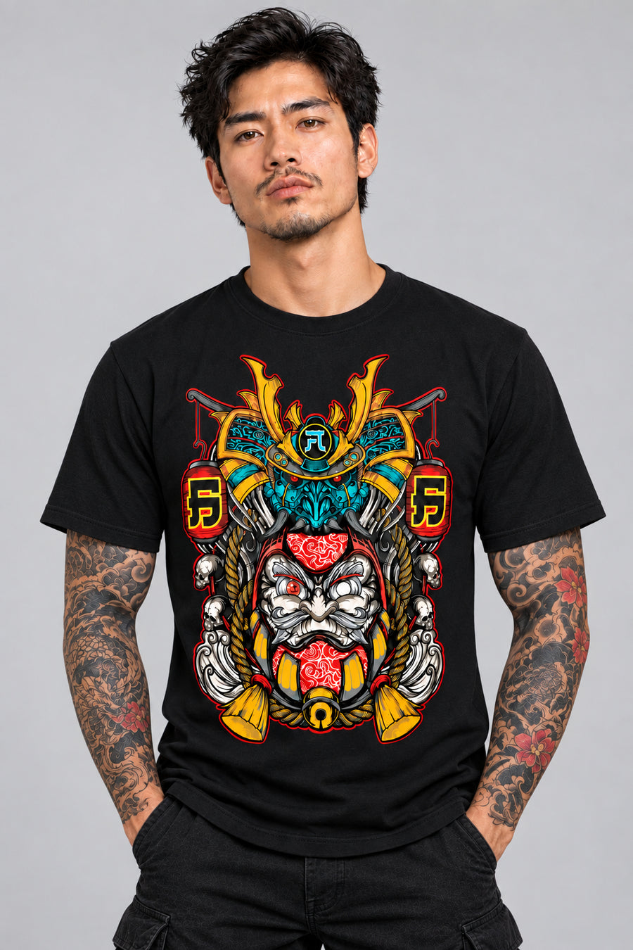 model wearing a back BROKEN N BUILT t-shirt with a colorful Japanese samurai mask in teal, orange red and white 